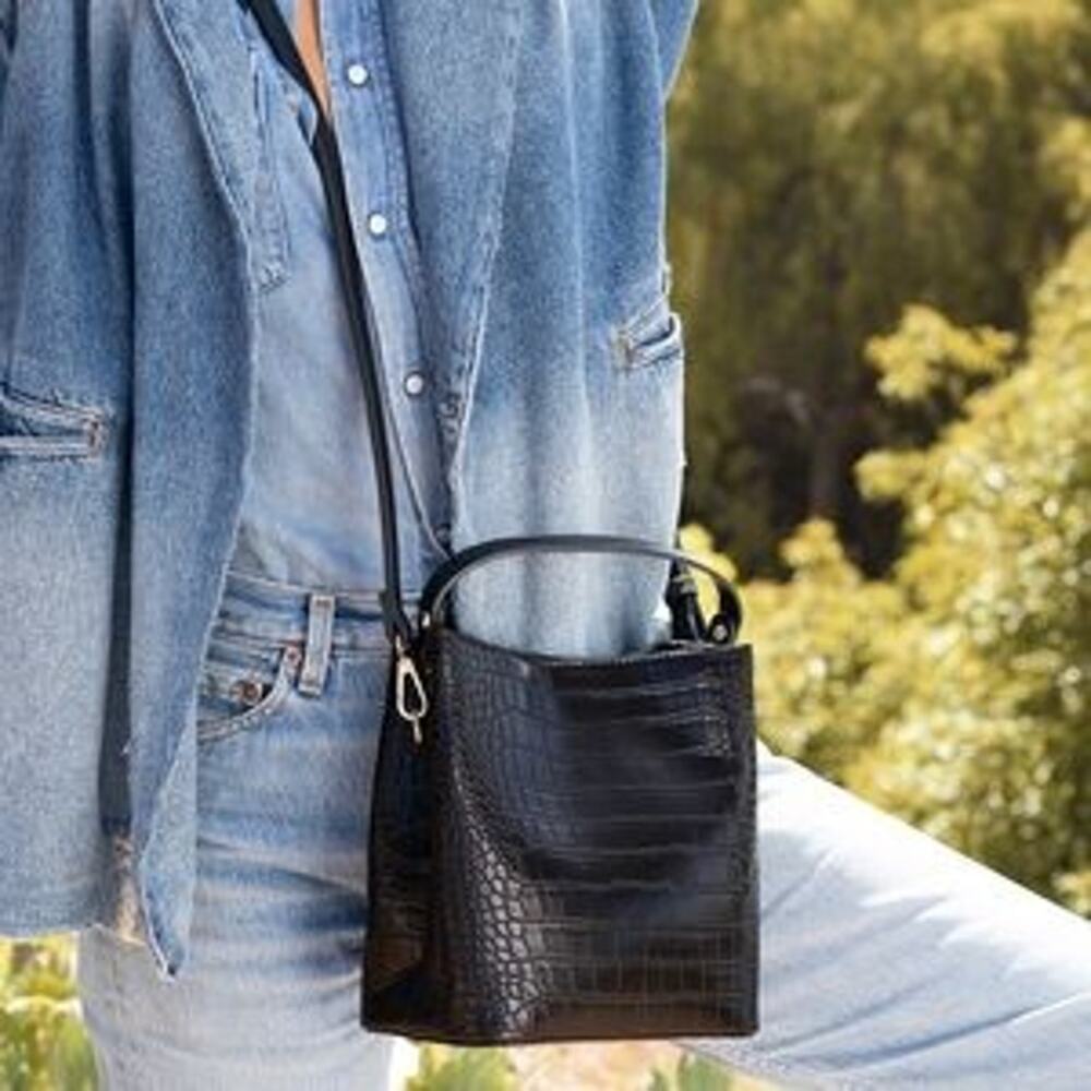 AOTA Elena Bucket Bag Black Vegan Leather Crocodile Embossed Crossbody Strap